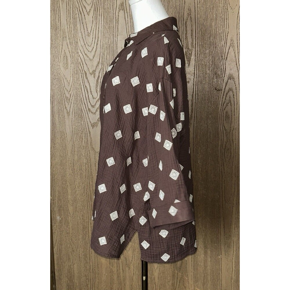 Cynthia Rowley Cotton Gauze Embroidered Button Up Blouse Brown Plus Size 1X - Picture 4 of 12